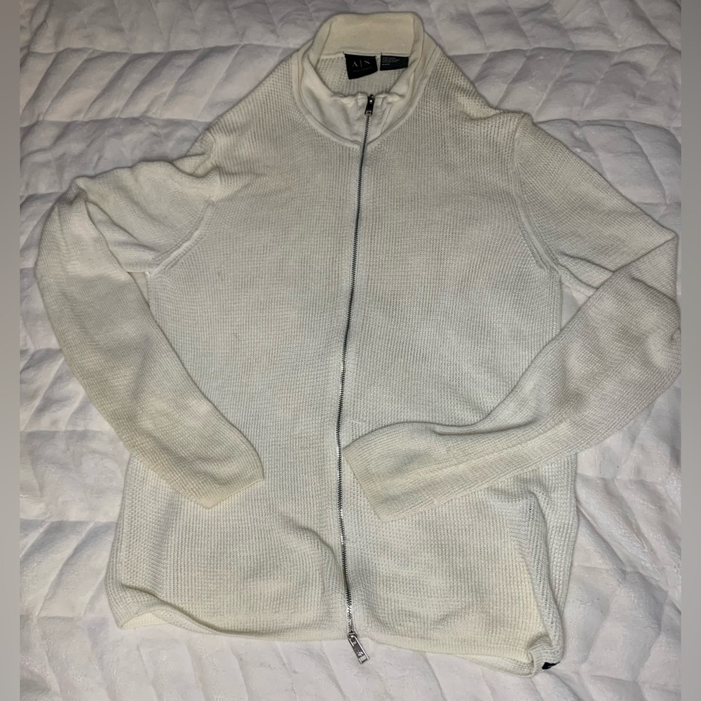 Armani Exchange Cream Blended Fabric Front Zip Cardigan Knit Sweater Size M